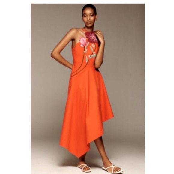 Yukiko Noritake x Anthropologie Asymmetric Floral Midi Dress Orange Floral 20W - Picture 1 of 5